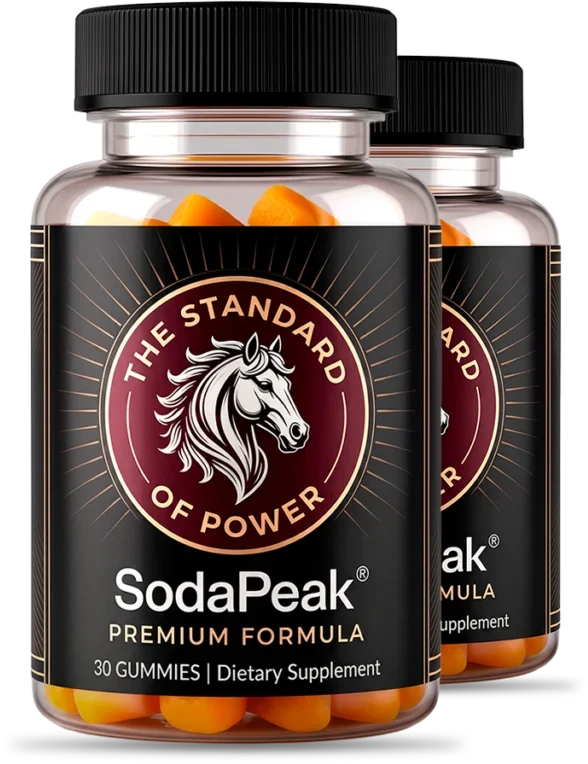 Two bottles of SodaPeak Premium Formula gummies with orange gummies inside